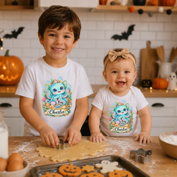 Personalized Kraken Baby Bodysuit, Ocean Myth Toddler Shirt, Kids Gift — sibling matching set mockup personalized kraken baby bodysuit close-up detail