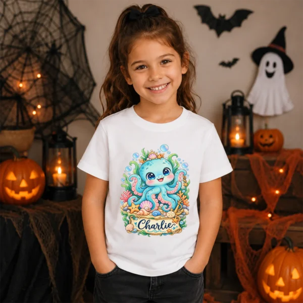 Personalized Kraken Baby Bodysuit, Ocean Myth Toddler Shirt, Kids Gift — sibling matching set mockup personalized kraken baby bodysuit styled product photo