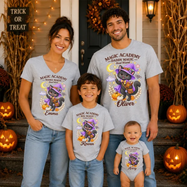 Personalized Magic Academy Little Magic Little Student Shirt/Bodysuit — family matching set mockup magic academy family matching shirt baby bodysuit styled product photo