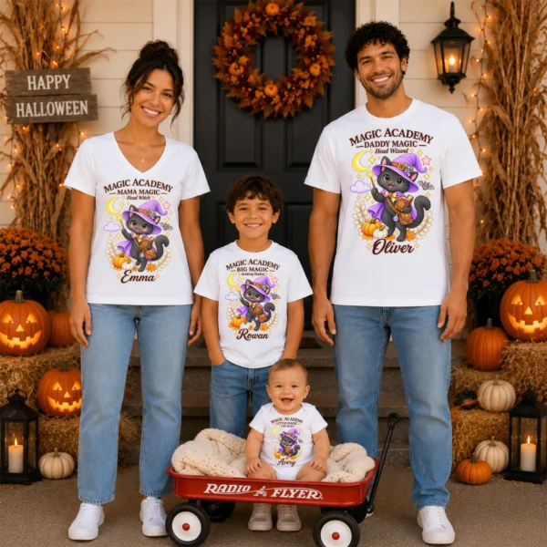 Personalized Magic Academy Little Magic Little Student Shirt/Bodysuit — family matching set mockup magic academy family matching shirt baby bodysuit alternate angle