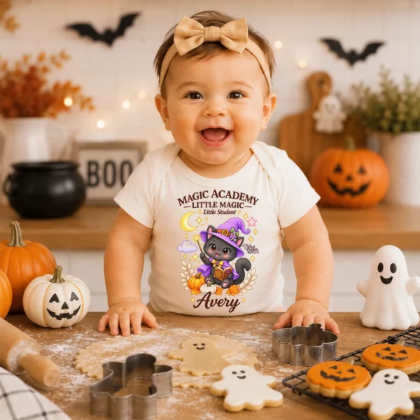 Personalized Magic Academy Little Magic Little Student Shirt/Bodysuit — baby bodysuit mockup magic academy family matching shirt baby bodysuit product photo