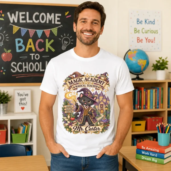 Product — back view personalized magic academy teacher shirt t-shirt back view