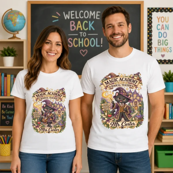 Product — back view personalized magic academy teacher shirt t-shirt back view