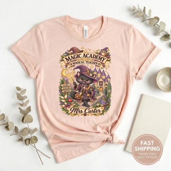 Product — alternate product mockup personalized magic academy teacher shirt t-shirt product photo