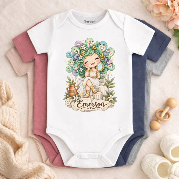 Personalized Medusa Baby Bodysuit, Greek Myth Toddler Shirt, Kids Gift — baby bodysuit mockup personalized medusa baby bodysuit color options