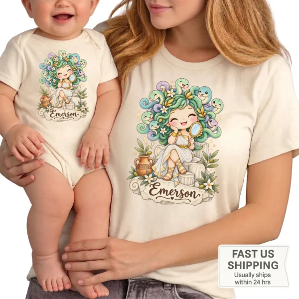 Personalized Medusa Baby Bodysuit, Greek Myth Toddler Shirt, Kids Gift — family matching set mockup personalized medusa baby bodysuit mockup view