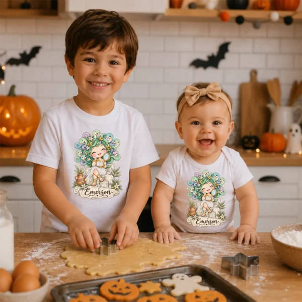 Personalized Medusa Baby Bodysuit, Greek Myth Toddler Shirt, Kids Gift — sibling matching set mockup personalized medusa baby bodysuit lifestyle scene