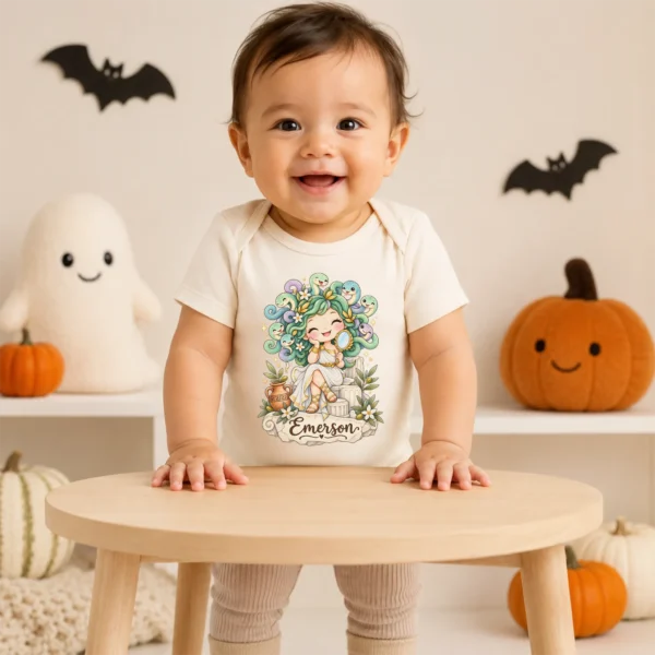 Personalized Medusa Baby Bodysuit, Greek Myth Toddler Shirt, Kids Gift — baby bodysuit mockup personalized medusa baby bodysuit close-up detail