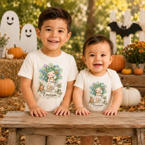 Personalized Medusa Baby Bodysuit, Greek Myth Toddler Shirt, Kids Gift — baby bodysuit mockup personalized medusa baby bodysuit styled product photo
