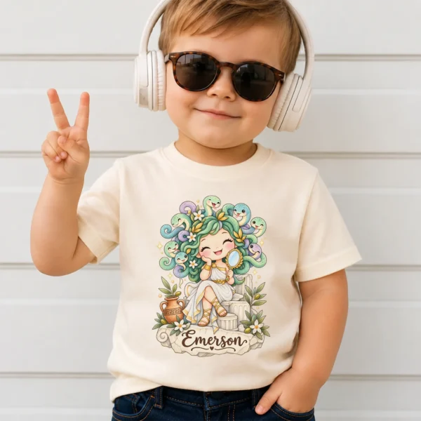 Personalized Medusa Baby Bodysuit, Greek Myth Toddler Shirt, Kids Gift — toddler shirt mockup personalized medusa baby bodysuit alternate angle
