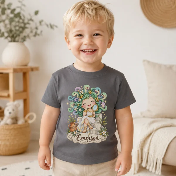Personalized Medusa Baby Bodysuit, Greek Myth Toddler Shirt, Kids Gift — toddler shirt mockup personalized medusa baby bodysuit product photo
