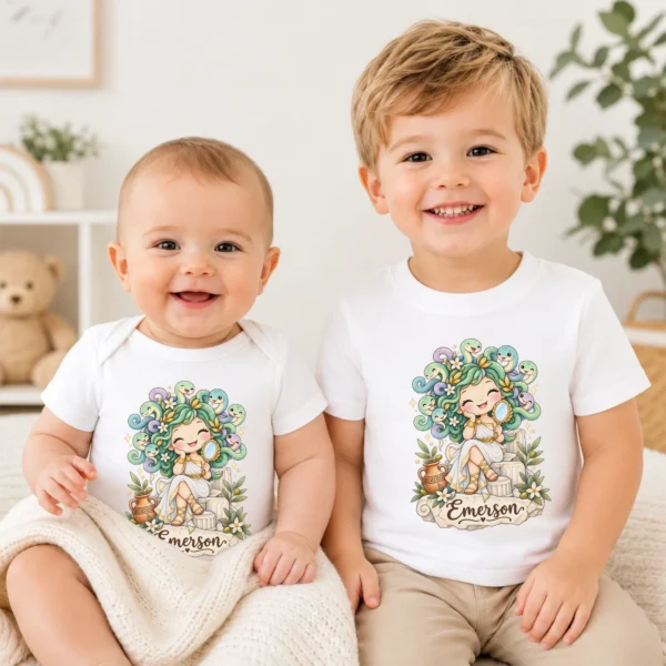 Personalized Medusa Baby Bodysuit, Greek Myth Toddler Shirt, Kids Gift — baby bodysuit mockup personalized medusa baby bodysuit product photo
