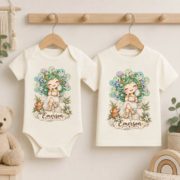 Personalized Medusa Baby Bodysuit, Greek Myth Toddler Shirt, Kids Gift — baby bodysuit mockup personalized medusa baby bodysuit product photo