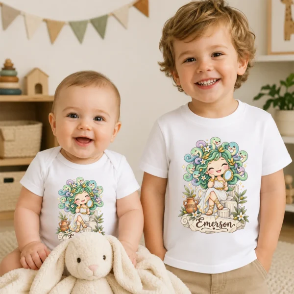Personalized Medusa Baby Bodysuit, Greek Myth Toddler Shirt, Kids Gift — baby bodysuit mockup personalized medusa baby bodysuit product photo