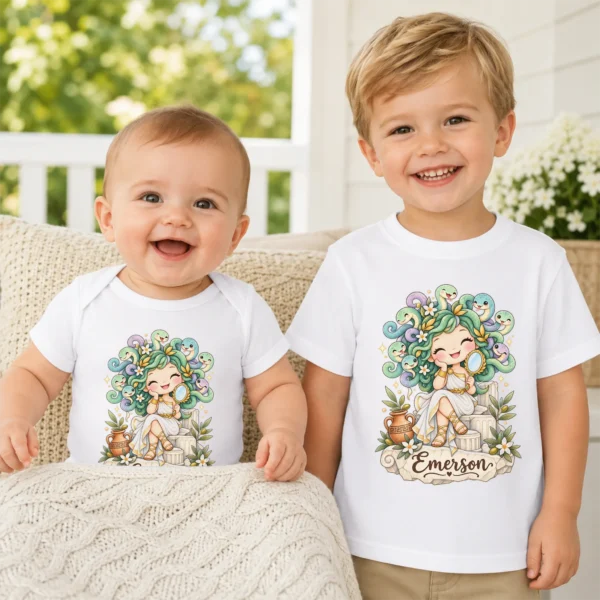 Personalized Medusa Baby Bodysuit, Greek Myth Toddler Shirt, Kids Gift — baby bodysuit mockup personalized medusa baby bodysuit product photo