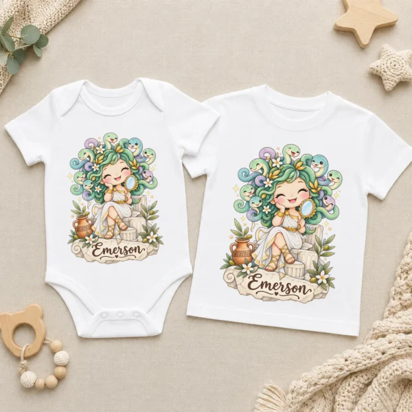 Personalized Medusa Baby Bodysuit, Greek Myth Toddler Shirt, Kids Gift — baby bodysuit mockup personalized medusa baby bodysuit product photo