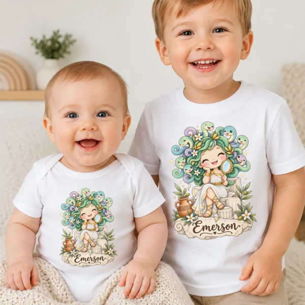 Personalized Medusa Baby Bodysuit, Greek Myth Toddler Shirt, Kids Gift — baby bodysuit mockup personalized medusa baby bodysuit product photo