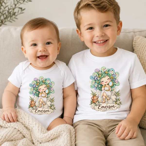 Personalized Medusa Baby Bodysuit, Greek Myth Toddler Shirt, Kids Gift — baby bodysuit mockup personalized medusa baby bodysuit product photo