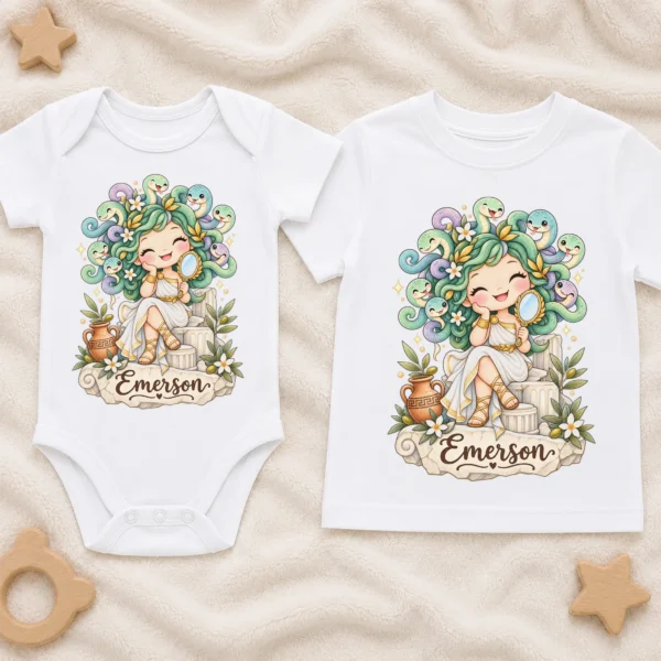 Personalized Medusa Baby Bodysuit, Greek Myth Toddler Shirt, Kids Gift — baby bodysuit mockup personalized medusa baby bodysuit product photo
