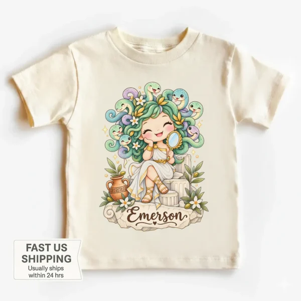 Personalized Medusa Baby Bodysuit, Greek Myth Toddler Shirt, Kids Gift — toddler shirt mockup personalized medusa baby bodysuit product photo
