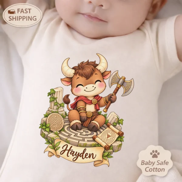 Personalized Minotaur Baby Bodysuit, Greek Myth Toddler Shirt — baby bodysuit mockup personalized minotaur baby bodysuit front view