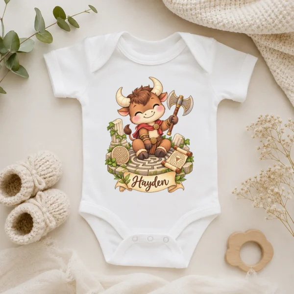 Personalized Minotaur Baby Bodysuit, Greek Myth Toddler Shirt — alternate product mockup personalized minotaur baby bodysuit mockup view