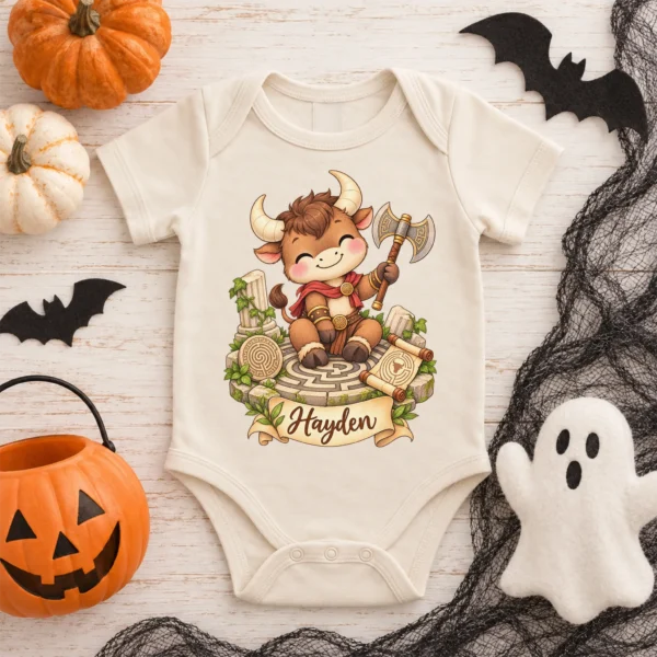 Personalized Minotaur Baby Bodysuit, Greek Myth Toddler Shirt — baby bodysuit mockup personalized minotaur baby bodysuit lifestyle scene