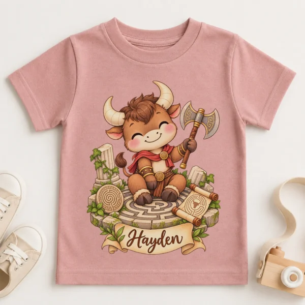 Personalized Minotaur Baby Bodysuit, Greek Myth Toddler Shirt — toddler shirt mockup personalized minotaur baby bodysuit close-up detail