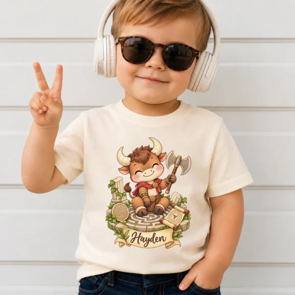 Personalized Minotaur Baby Bodysuit, Greek Myth Toddler Shirt — toddler shirt mockup personalized minotaur baby bodysuit styled product photo