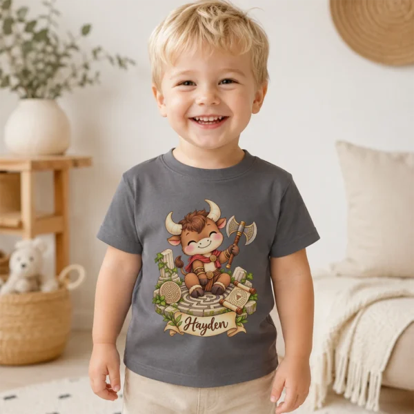 Personalized Minotaur Baby Bodysuit, Greek Myth Toddler Shirt — toddler shirt mockup personalized minotaur baby bodysuit product photo