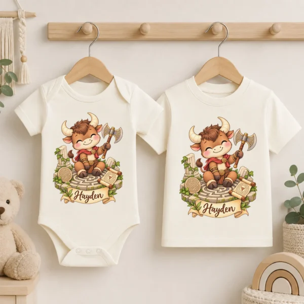 Personalized Minotaur Baby Bodysuit, Greek Myth Toddler Shirt — baby bodysuit mockup personalized minotaur baby bodysuit product photo