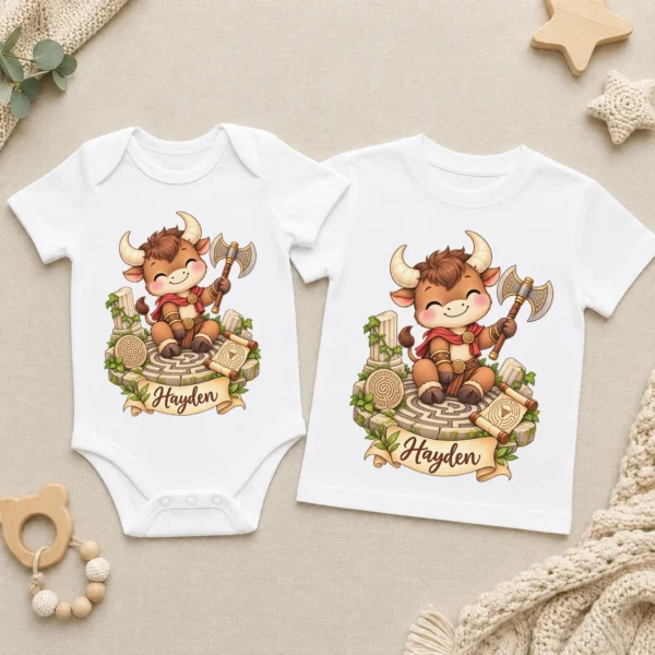 Personalized Minotaur Baby Bodysuit, Greek Myth Toddler Shirt — baby bodysuit mockup personalized minotaur baby bodysuit product photo