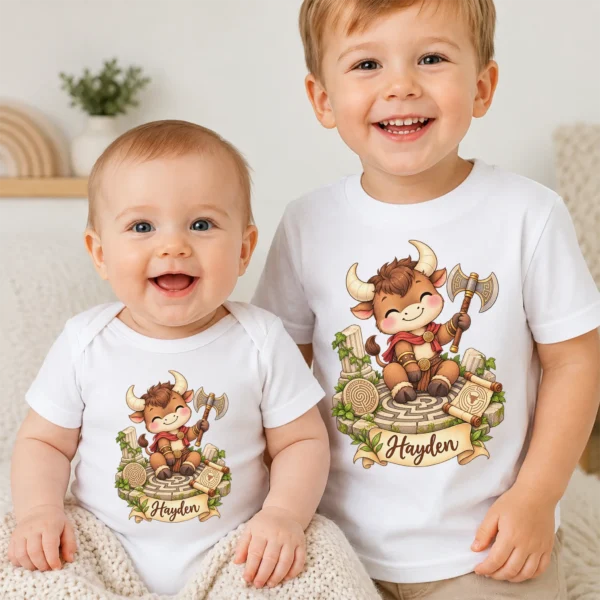 Personalized Minotaur Baby Bodysuit, Greek Myth Toddler Shirt — baby bodysuit mockup personalized minotaur baby bodysuit product photo