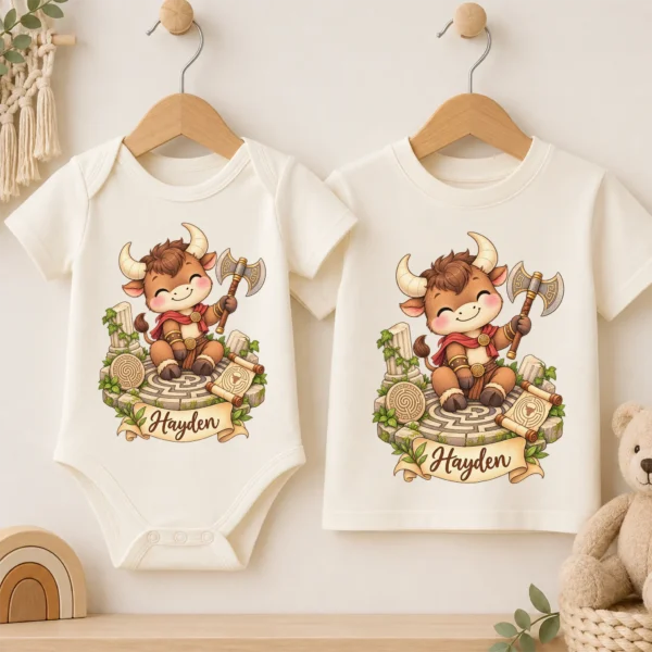 Personalized Minotaur Baby Bodysuit, Greek Myth Toddler Shirt — baby bodysuit mockup personalized minotaur baby bodysuit product photo