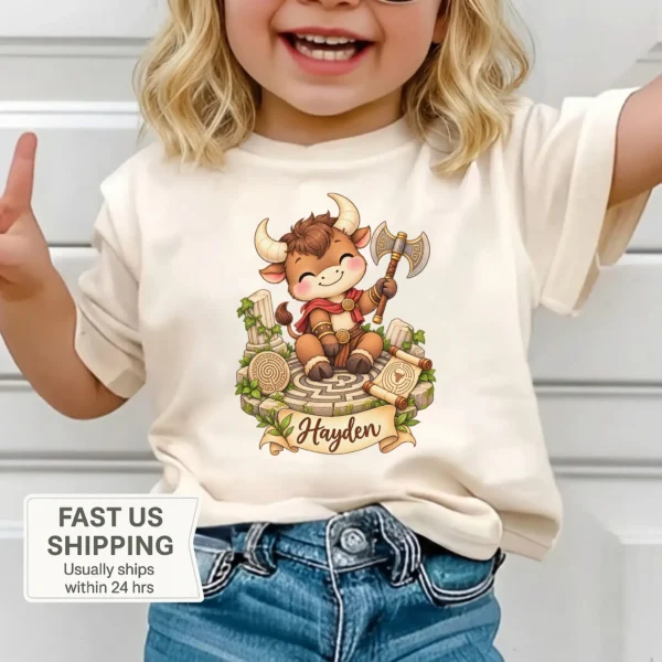 Personalized Minotaur Baby Bodysuit, Greek Myth Toddler Shirt — toddler shirt mockup personalized minotaur baby bodysuit product photo