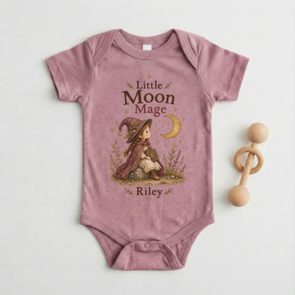 Personalized Moon Mage Baby Bodysuit or Toddler Shirt — baby bodysuit mockup personalized moon mage baby bodysuit lifestyle scene
