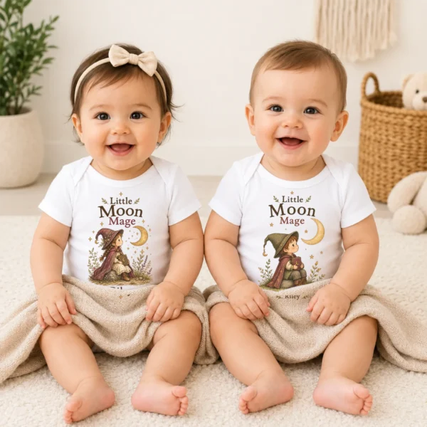 Personalized Moon Mage Baby Bodysuit or Toddler Shirt — baby bodysuit mockup personalized moon mage baby bodysuit model mockup