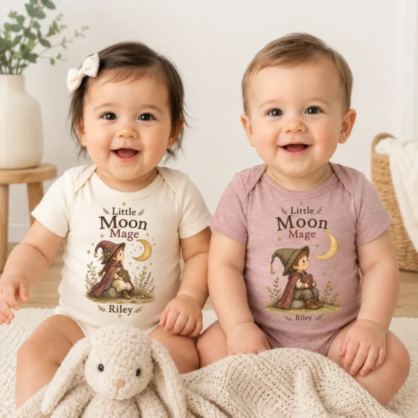Personalized Moon Mage Baby Bodysuit or Toddler Shirt — baby bodysuit mockup personalized moon mage baby bodysuit model mockup