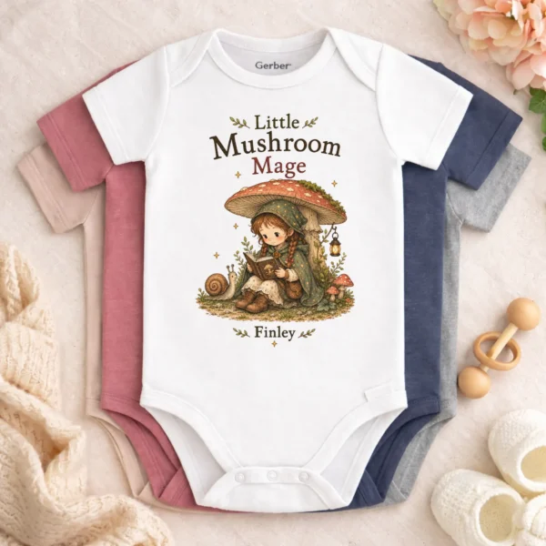 Personalized Mushroom Mage Baby Bodysuit or Toddler Shirt — baby bodysuit mockup personalized mushroom mage baby bodysuit color options