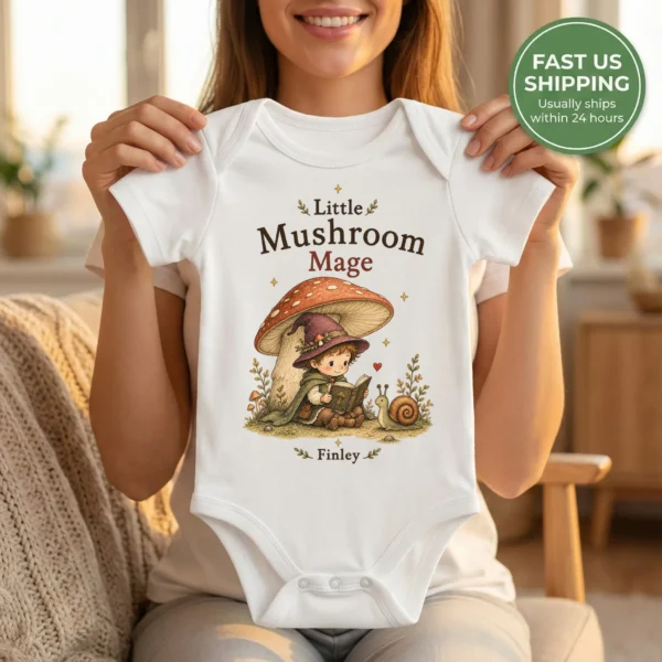 Personalized Mushroom Mage Baby Bodysuit or Toddler Shirt — baby bodysuit mockup personalized mushroom mage baby bodysuit product photo