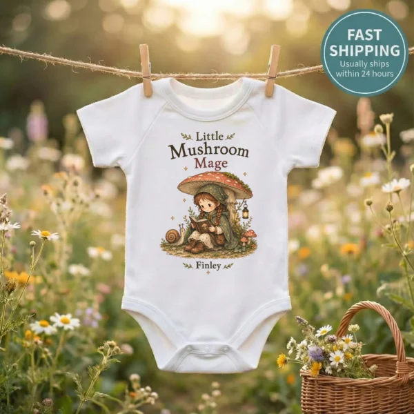 Personalized Mushroom Mage Baby Bodysuit or Toddler Shirt — baby bodysuit mockup personalized mushroom mage baby bodysuit product photo
