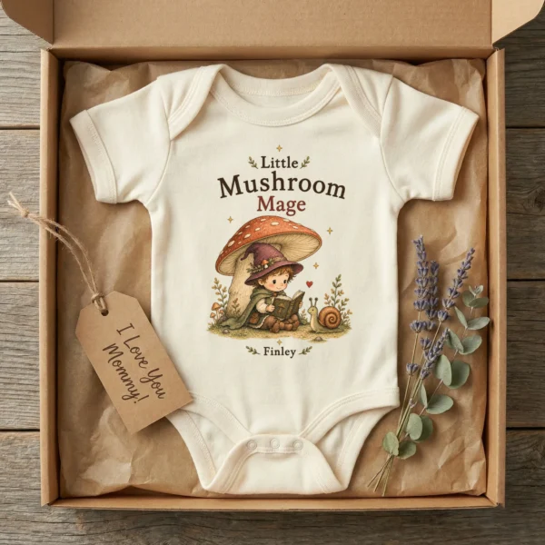 Personalized Mushroom Mage Baby Bodysuit or Toddler Shirt — baby bodysuit mockup personalized mushroom mage baby bodysuit product photo