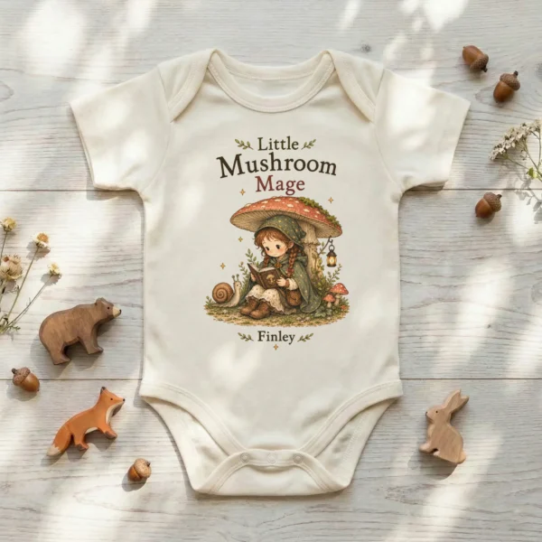 Personalized Mushroom Mage Baby Bodysuit or Toddler Shirt — baby bodysuit mockup personalized mushroom mage baby bodysuit product photo