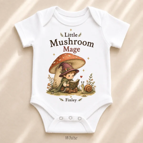 Personalized Mushroom Mage Baby Bodysuit or Toddler Shirt — alternate product mockup personalized mushroom mage baby bodysuit product photo