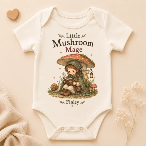 Personalized Mushroom Mage Baby Bodysuit or Toddler Shirt — alternate product mockup personalized mushroom mage baby bodysuit product photo