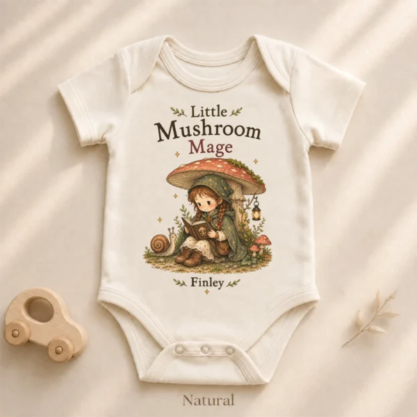 Personalized Mushroom Mage Baby Bodysuit or Toddler Shirt — product mockup personalized mushroom mage baby bodysuit product photo