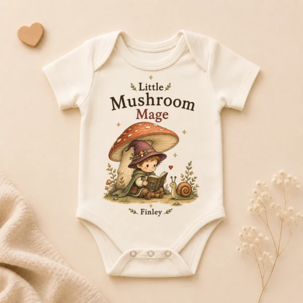 Personalized Mushroom Mage Baby Bodysuit or Toddler Shirt — alternate product mockup personalized mushroom mage baby bodysuit product photo