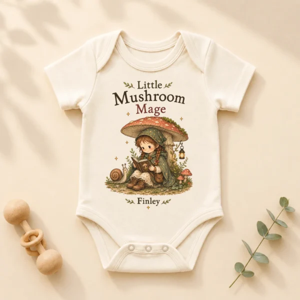 Personalized Mushroom Mage Baby Bodysuit or Toddler Shirt — alternate product mockup personalized mushroom mage baby bodysuit product photo