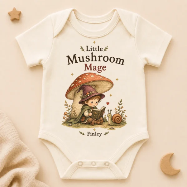 Personalized Mushroom Mage Baby Bodysuit or Toddler Shirt — alternate product mockup personalized mushroom mage baby bodysuit product photo