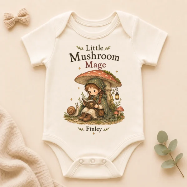 Personalized Mushroom Mage Baby Bodysuit or Toddler Shirt — alternate product mockup personalized mushroom mage baby bodysuit product photo